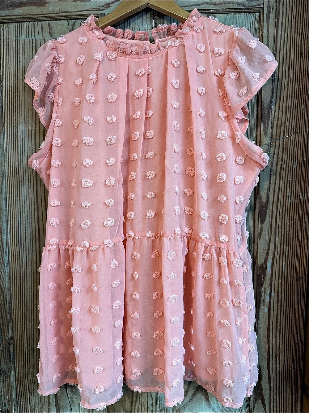 Dark Peachy Orange Textured Pom Pom babydoll top Size XL Like New